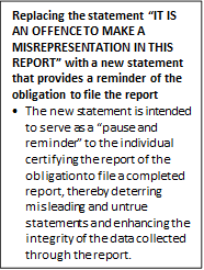 Replacing the statement “IT IS AN OFFENCE TO MAKE A MISREPRESENTATION IN THIS REPORT” with a new statement that provides a reminder of the obligation to file the report
•	The new statement is intended to serve as a “pause and reminder” to the individual certifying the report of the obligation to file a completed report, thereby deterring misleading and untrue statements and enhancing the integrity of the data collected through the report. 

