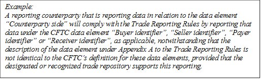 Example: 
A reporting counterparty that is reporting data in relation to the data element “Counterparty side” will comply with the Trade Reporting Rules by reporting that data under the CFTC data element “Buyer identifier”, “Seller identifier”, “Payer identifier” or “Receiver identifier”, as applicable, notwithstanding that the description of the data element under Appendix A to the Trade Reporting Rules is not identical to the CFTC’s definition for these data elements, provided that the designated or recognized trade repository supports this reporting. 

