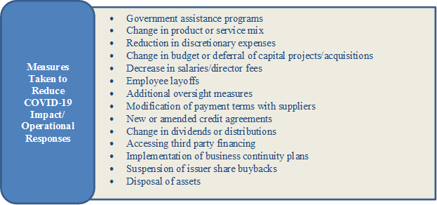 •	Government assistance programs
•	Change in product or service mix
•	Reduction in discretionary expenses
•	Change in budget or deferral of capital projects/acquisitions
•	Decrease in salaries/director fees
•	Employee layoffs
•	Additional oversight measures
•	Modification of payment terms with suppliers
•	New or amended credit agreements
•	Change in dividends or distributions
•	Accessing third party financing
•	Implementation of business continuity plans
•	Suspension of issuer share buybacks
•	Disposal of assets

,Measures Taken to Reduce COVID-19 Impact/ Operational Responses